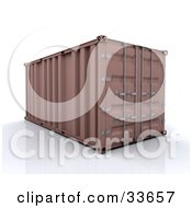 Sealed Brown Freight Container On A Reflective Surface