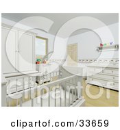 Poster, Art Print Of The Interior Of A White Baby Room With A Mobile Suspended Over The Crib