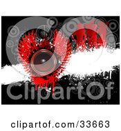 Poster, Art Print Of Red Winged Music Speaker Over A White Grunge Bar On A Black Background With Faded Circles And Silhouetted Dancers