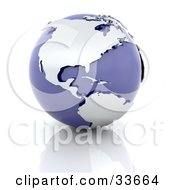 Poster, Art Print Of Silver Continents On A Purple Globe Over A Reflective Surface