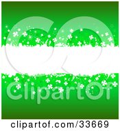 Poster, Art Print Of White Grunge Text Box Spanning The Center Of A Green Background Bordered In White And Green Clovers