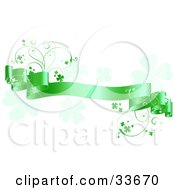 Poster, Art Print Of Satiny Green Banner With Shamrock Vines Over A White Background With Faded Clovers