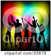 Clipart Illustration Of A Colorful Blurred Background With Five Black Silhouetted Dancers Having Fun