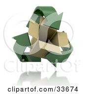 Poster, Art Print Of Green Recycle Arrows Circling Around An Open Cardboard Box