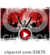 Clipart Illustation Of A Crowd Of Black Silhouetted Party People Over A Bursting Red Background With White Grunge And A Red Play Button