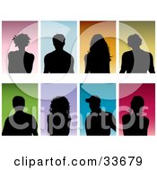 Set Of Eight Silhouetted Men And Women On Colorful Backgrounds
