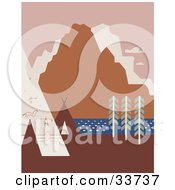 Poster, Art Print Of Rock Art And Tipis On A River Bank Close To Mountains In Montana