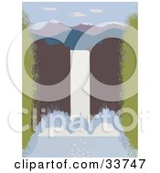 Poster, Art Print Of Large Waterfall With Water Rushing Over A Cliff Mountains In The Distance