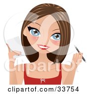 Clipart Illustration Of A Pretty Brunette Caucasian Woman With Blue Eyes Wearing A Red Tank Top Smiling And Holding A Pen And Paper