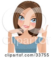 Clipart Illustration Of A Pretty Brunette Caucasian Woman With Blue Eyes Talking And Gesturing With Her Hands