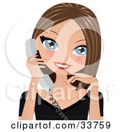 Clipart Illustration Of A Pretty Brunette Caucasian Woman With Blue Eyes Smiling And Talking On A Phone