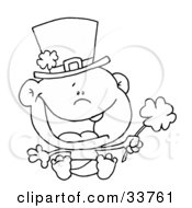 Clipart Illustration Of A Black And White Outline Of A St Patricks Day Baby In A Hat And Diaper Holding A Clover
