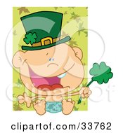 Poster, Art Print Of Baby St Patricks Day Boy In A Hat And Diaper Holding A Clover With A Green Leaf Background On White