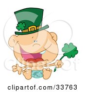 Baby St Patricks Day Boy In A Diaper And Hat Holding A Shamrock
