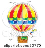 Clipart Illustration Of Bags And A Ladder Hanging Out Of The Basket On A Hot Air Balloon Birds Flying In The Sky