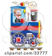 Happy Male Train Driver Operating His Blue Train