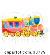 Clipart Illustration Of A Red Train With Purple Curtains In The Coach Windows
