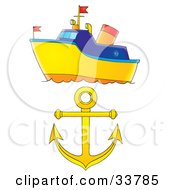 Clipart Illustration Of A Blue And Yellow Boat And A Yellow Anchor by Alex Bannykh