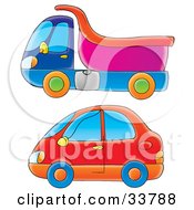 Poster, Art Print Of Blue And Pink Dump Truck And A Red Car