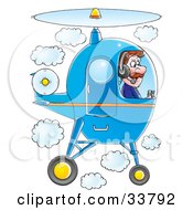 Male Pilot Flying A Blue Helicopter In A Cloudy Sky