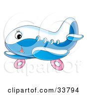 Poster, Art Print Of Cute Blue And White Airplane Character With Pink Wheels