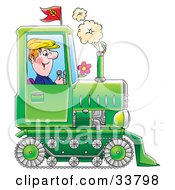 Happy Farmer Operating A Green Tractor With Tracks