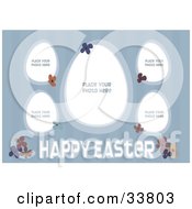 Clipart Illustration Of A Striped Blue Background With Flowers Happy Easter Text And Five Spots For Photos
