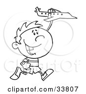 Poster, Art Print Of Black And White Outline Of A Boy Running And Playing With A Toy Airplane