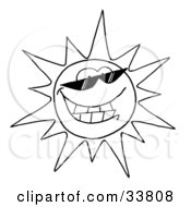 Poster, Art Print Of Black And White Outline Of A Cool Sun Character Wearing Shades And Smiling