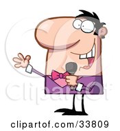 Clipart Illustration Of A Caucasian Man Dressed In A In Pink And Purple Tux Hosting A Show And Talking Into A Microphone