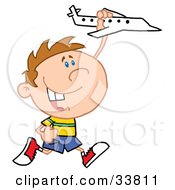 Poster, Art Print Of Happy Caucasian Boy Running And Playing With A Toy Airplane