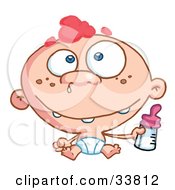 Clipart Illustration Of A Toothy Baby With Freckles And Red Hair Wearing A Diaper And Holding A Bottle Snot Dripping From His Nose