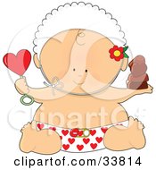 Cute Baby In A Bonnet And Heart Diaper Holding Chocolates And A Heart Rattle On Valentines Day