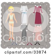Clipart Illustration Of A Blond Paper Doll Girl In Her Under Garments With Four Different Dresses by Melisende Vector