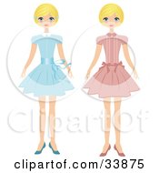 Blond Girl Shown In Two Poses Wearing A Blue Dress And Also A Pink Dress