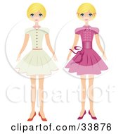 Blond Girl Shown In Two Poses Wearing A Beige Dress And Also A Pink Dress