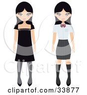 Clipart Illustration Of A Pretty Black Haired Japanese Girl Shown Wearing A Black Dress And Then A School Uniform by Melisende Vector