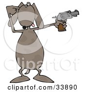 Clipart Illustration Of A Frustrated Brown Spotted Dog Holding Up A Pistil