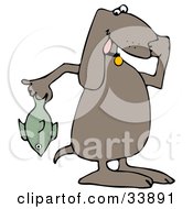 Poster, Art Print Of Brown Dog Holding A Stinky Dead Fish And Plugging His Nose
