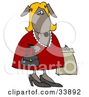 Clipart Illustration Of A Blond Dog In A Red Dress Carrying A Purse And A Bag While Shopping