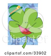 Cheerful Green Clover Wearing A Green Hat Over A Blue Leaf And White Background