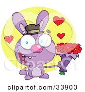 Poster, Art Print Of Romantic Purple Rabbit With Hearts Smiling And Holding Out Flowers For His Date Over A Yellow Circle On A White Background