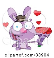 Poster, Art Print Of Romantic Purple Bunny With Hearts Smiling And Holding Out Flowers For His Date On A White Background