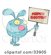 Grinning Blue Rabbit Holding Up A Happy Easter Greeting Sign On A White Background