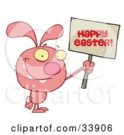 Grinning Pink Rabbit Holding Up A Happy Easter Greeting Sign On A White Background