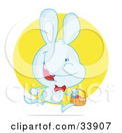 Clipart Illustration Of A Happy Pale Blue Rabbit Running With Easter Eggs In A Basket Over A Yellow Circle On A White Background