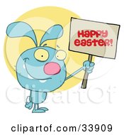 Blue Bunny Rabbit Holding Up A Happy Easter Greeting Sign Over A Yellow Circle On A White Background