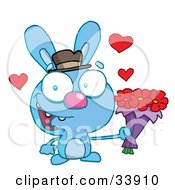 Poster, Art Print Of Romantic Blue Bunny With Hearts Smiling And Holding Out Flowers For His Date On A White Background