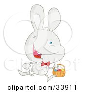 Clipart Illustration Of A Happy White Rabbit Running With Easter Eggs In A Basket On A White Background