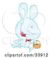 Poster, Art Print Of Happy Pale Blue Bunny Running With Easter Eggs In A Basket On A White Background